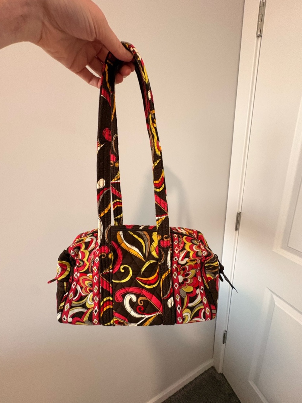 Vera Bradley Brown Quilted Tote Bag with Red & Yellow Paisley Print